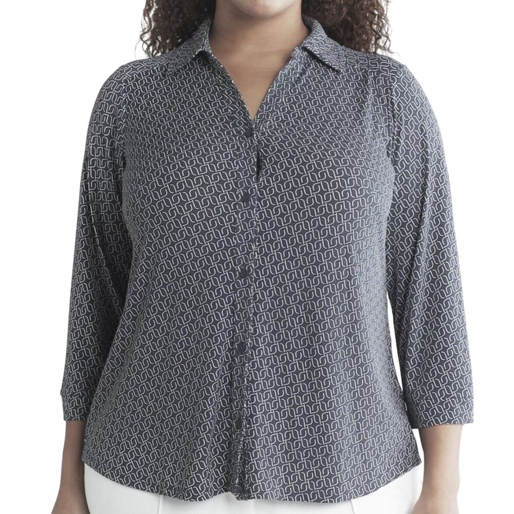 NWT Adrianna Papell Geometric Button Up Blouse 2X Chain Link Print 3/4 Sleeve